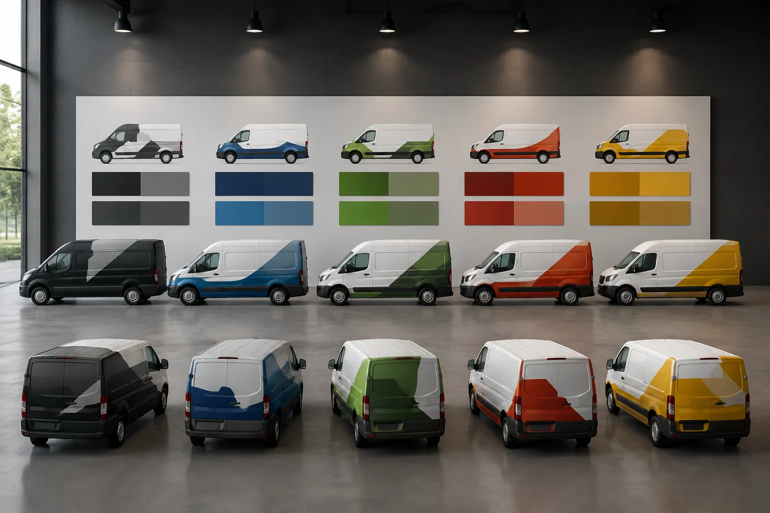 Fleet identity comparison viewed at distance across vehicle graphic variants
