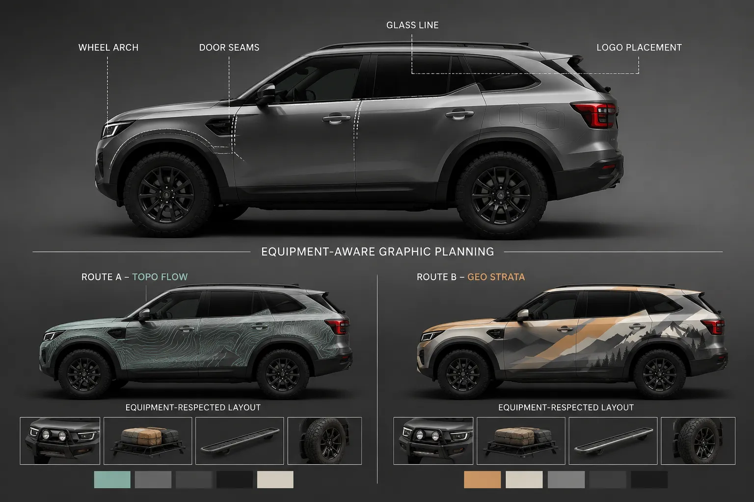 Vehicle graphics comparison across body lines, wheel arch, glass line, and door seams