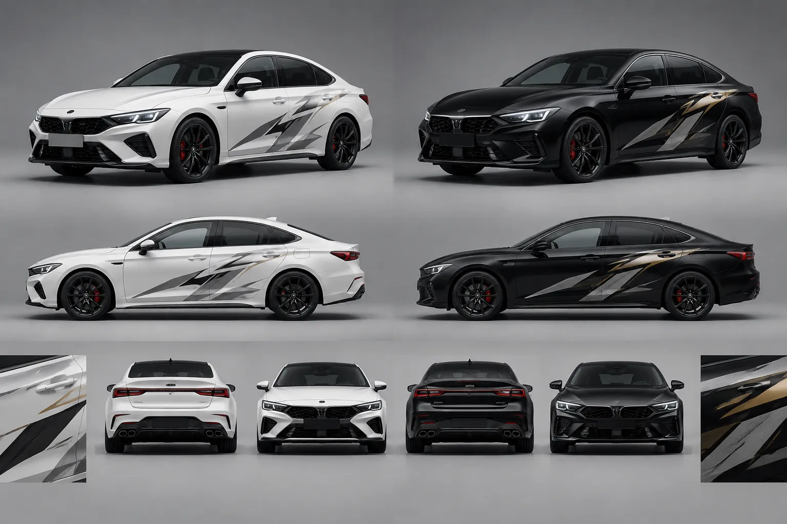 Side-by-side fleet colorway comparison showing logo hierarchy, graphic fields, and panel transitions on white and black vehicles