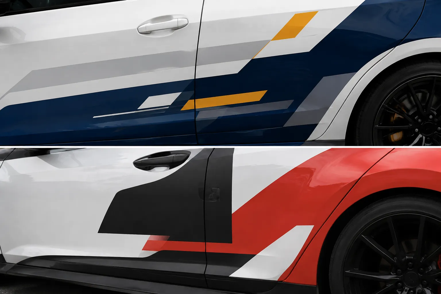 Mixed-fleet mockup detail comparing sponsor placement with door seams and wheel arches