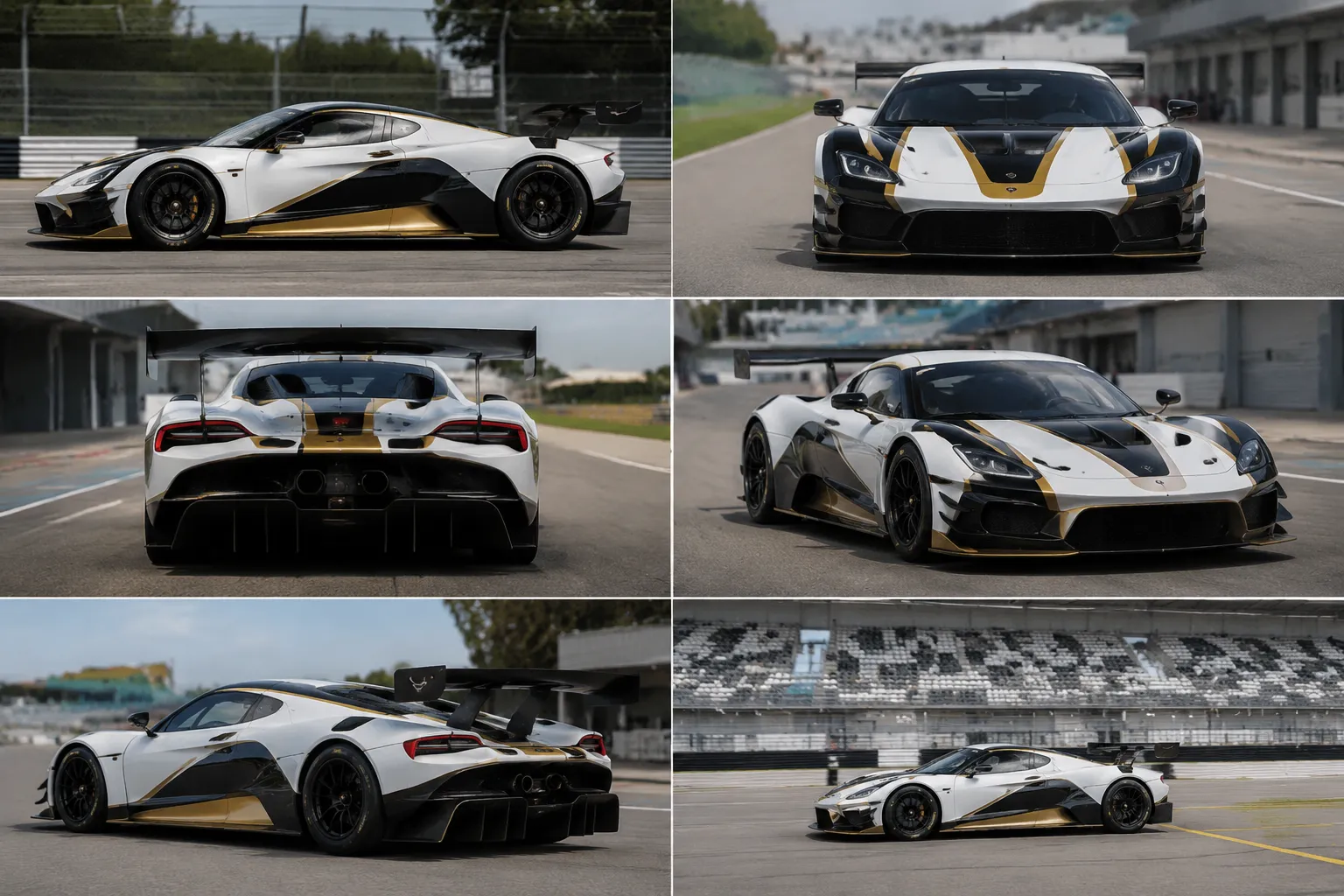 Contact sheet comparing side front rear three-quarter and wider-distance race car views