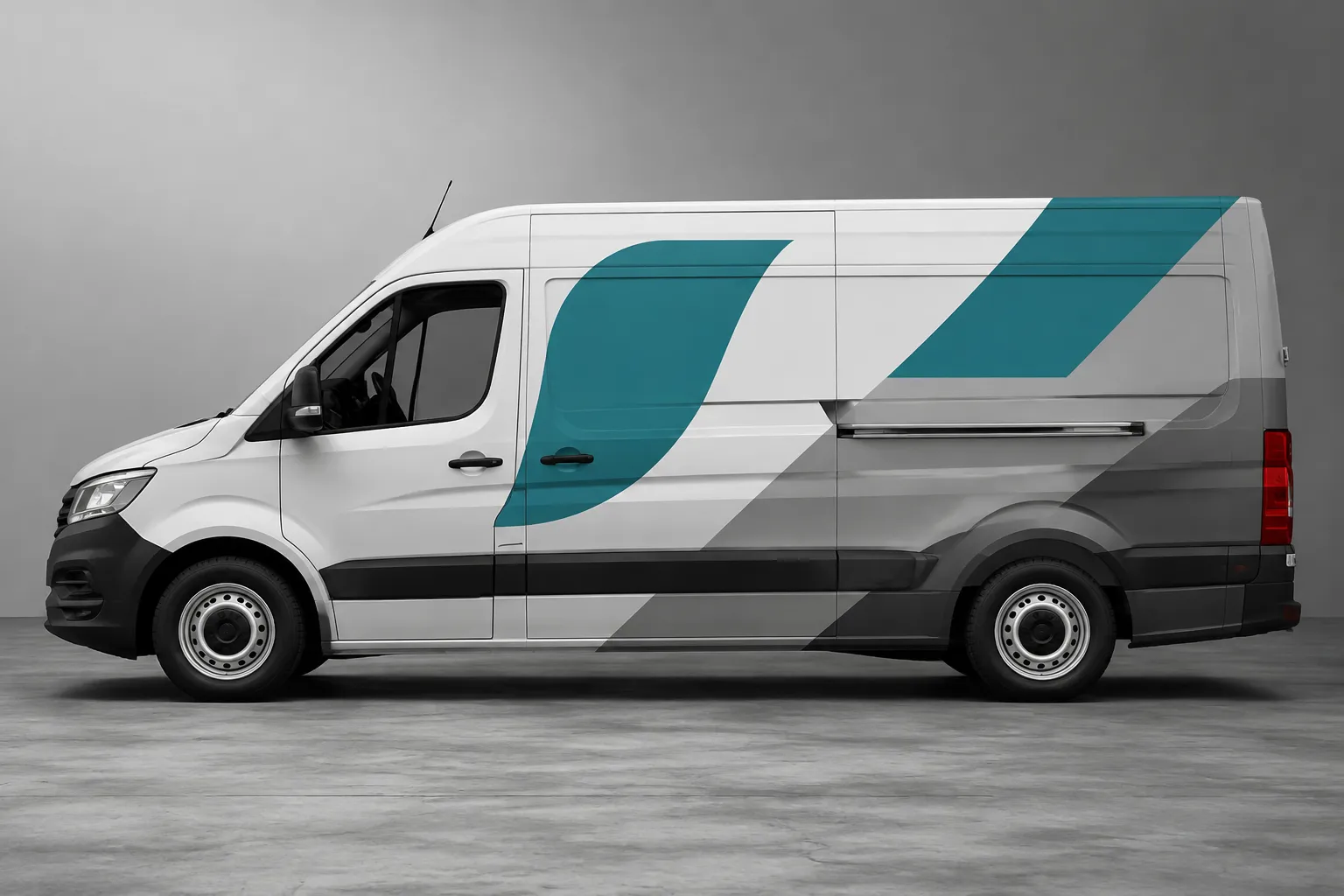 Vehicle profile detail with logo crossing doors, seams, wheel arch, and changing graphic fields