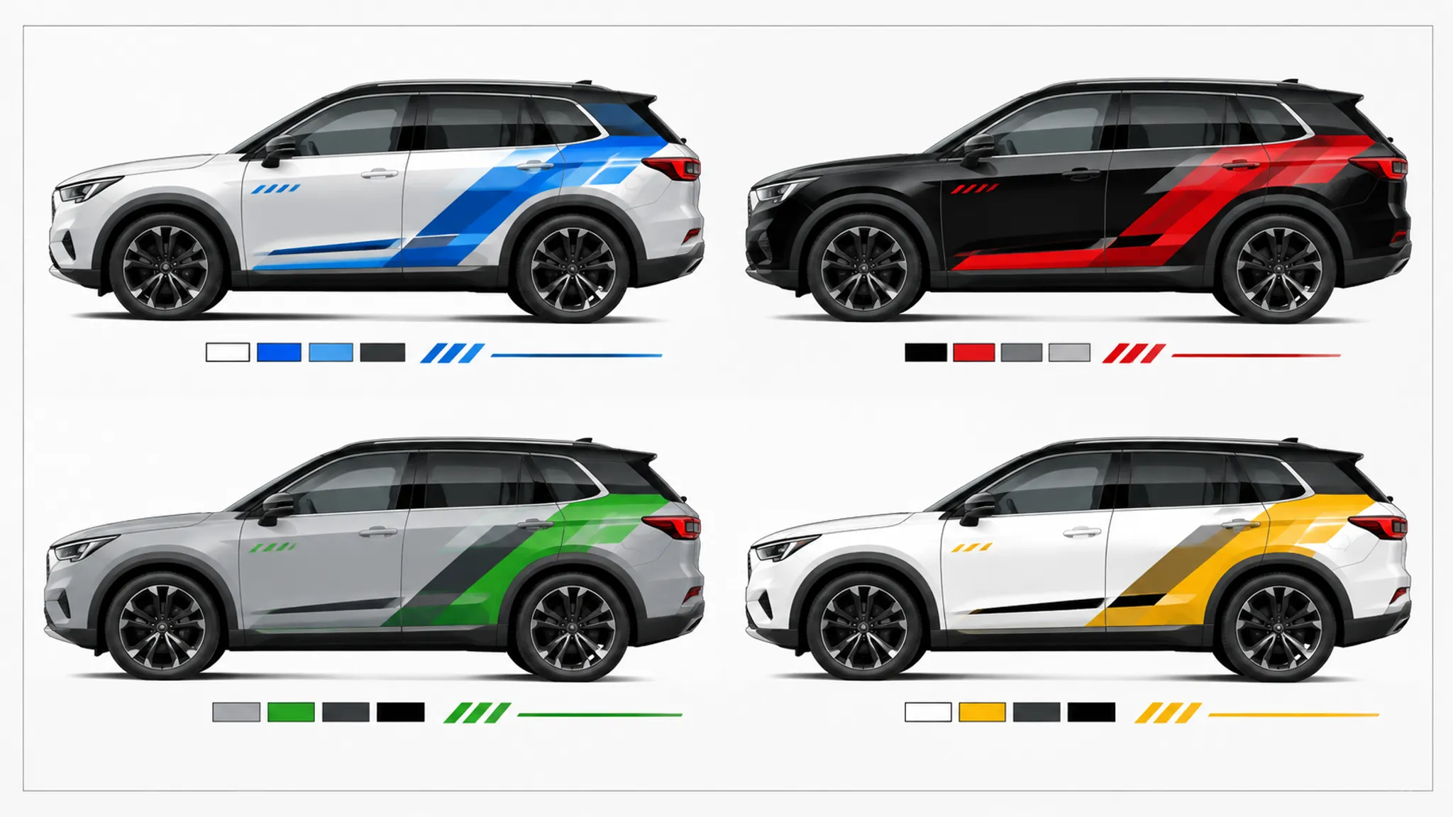 Vehicle profile comparison showing body lines, panel breaks, wheel arches, and sponsor hierarchy