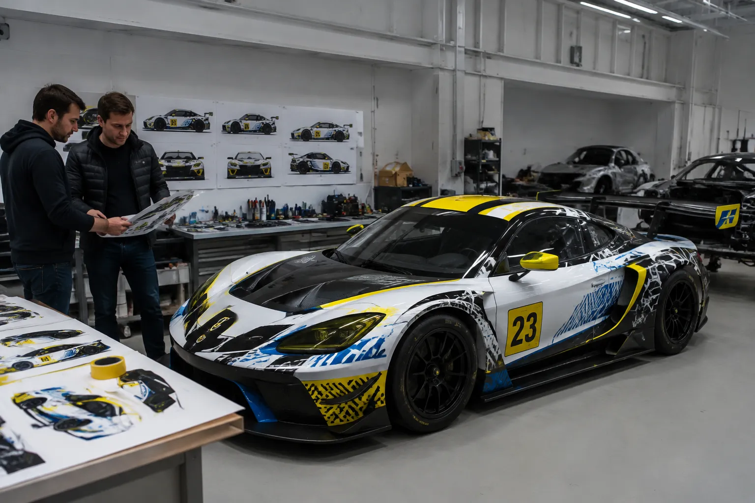 Three-quarter view of a race car in a graphics workshop during a sponsor layout review