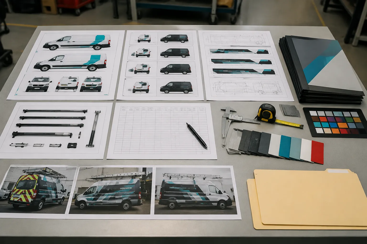 Organized fleet graphics handoff package with vehicle profile, comparison sheets, measurements, color records, and revision log