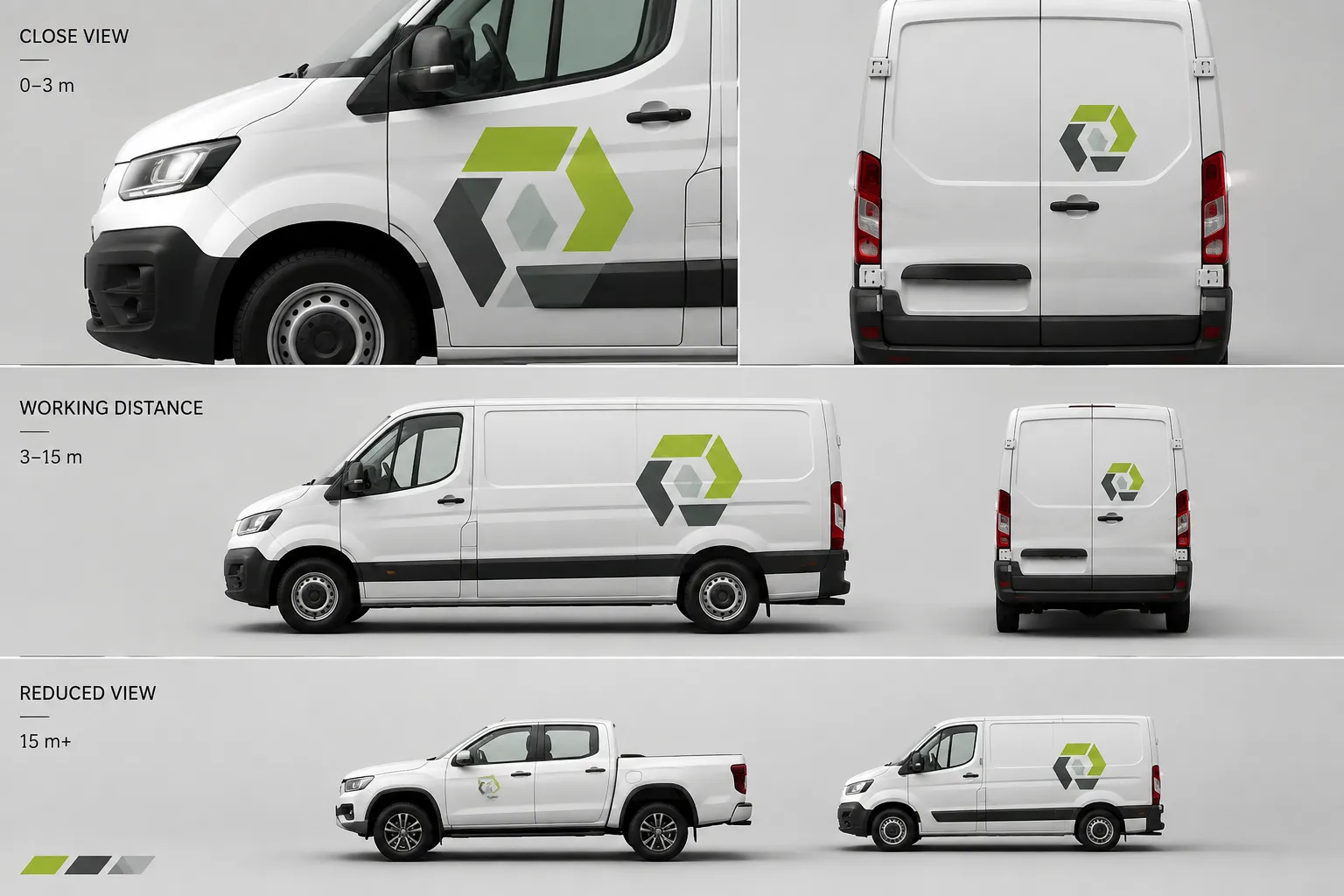 Matched fleet vehicle mockups showing logo hierarchy across body panels and viewing distances