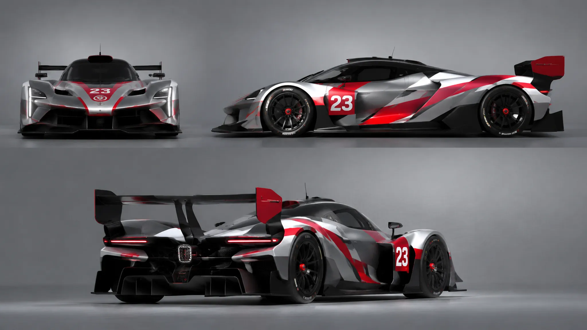 Racing livery concept viewed from front, side, and rear angles for a legibility review
