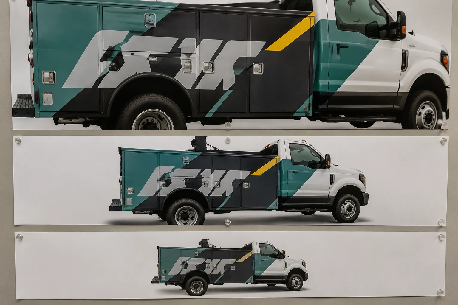 Three matched review views comparing fleet graphics at close, presentation, and distance-like scales
