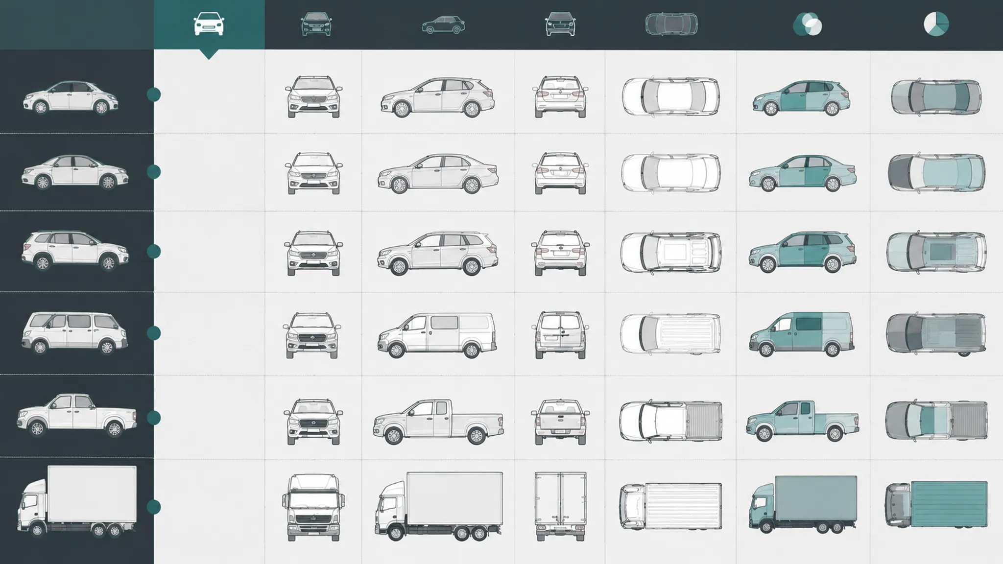 Vehicle-class variant matrix showing graphic placement across body zones