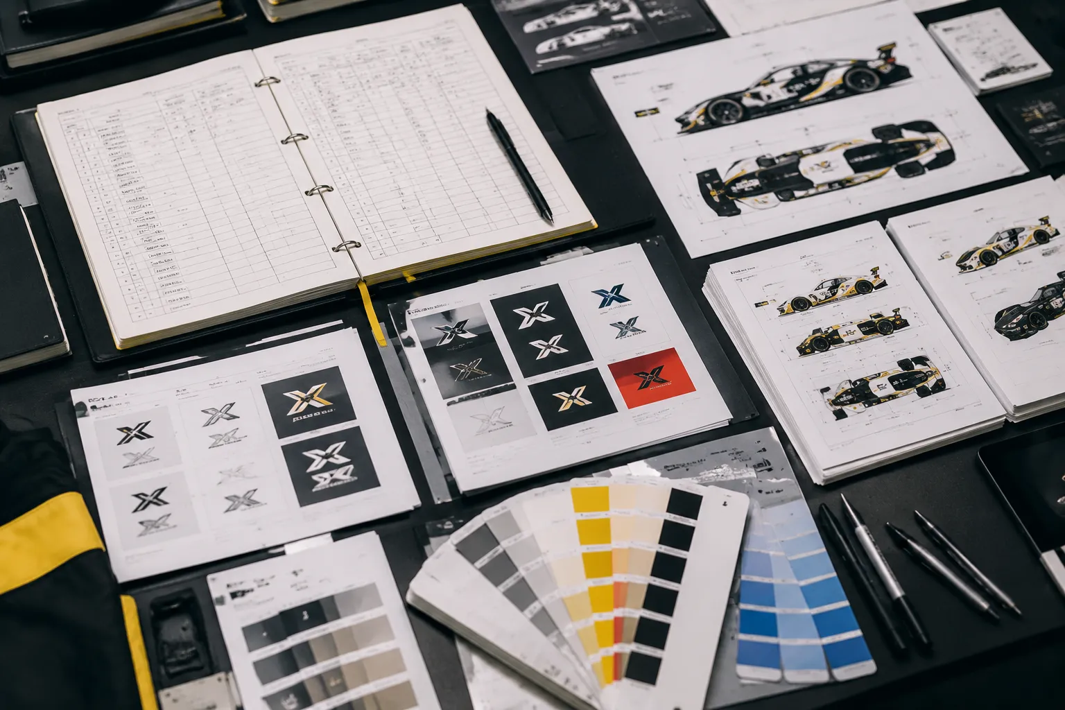 Sponsor rights ledger beside approved logo artwork and race car layout drafts
