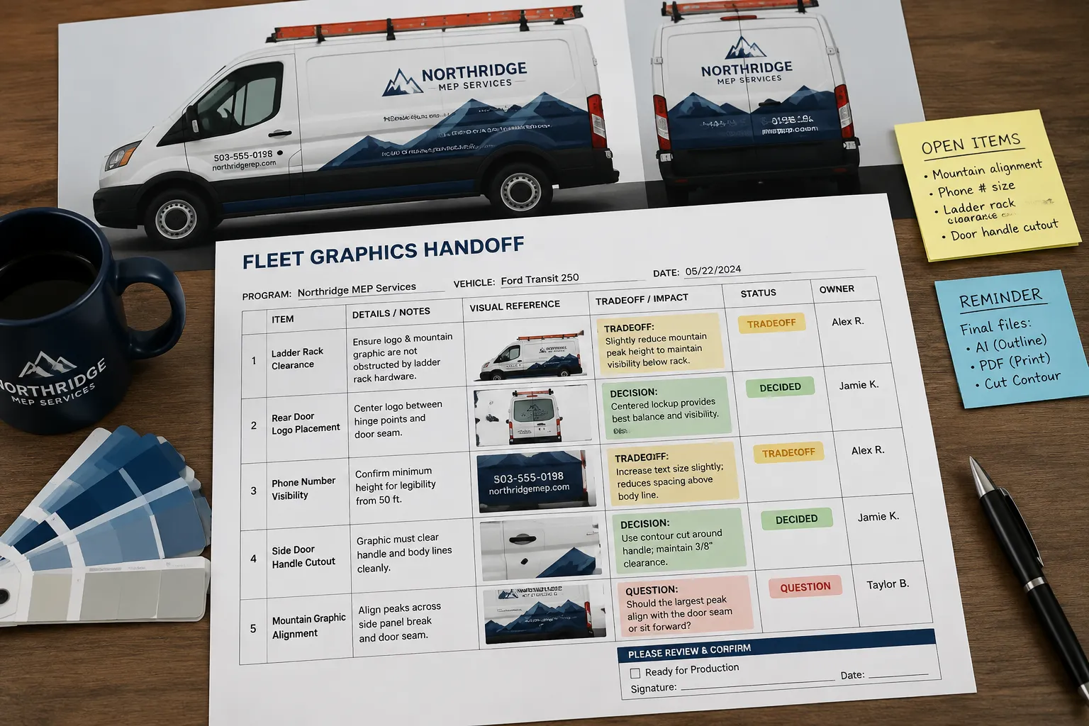 Fleet graphics handoff record showing equipment location, visual tradeoff, and responsible owner