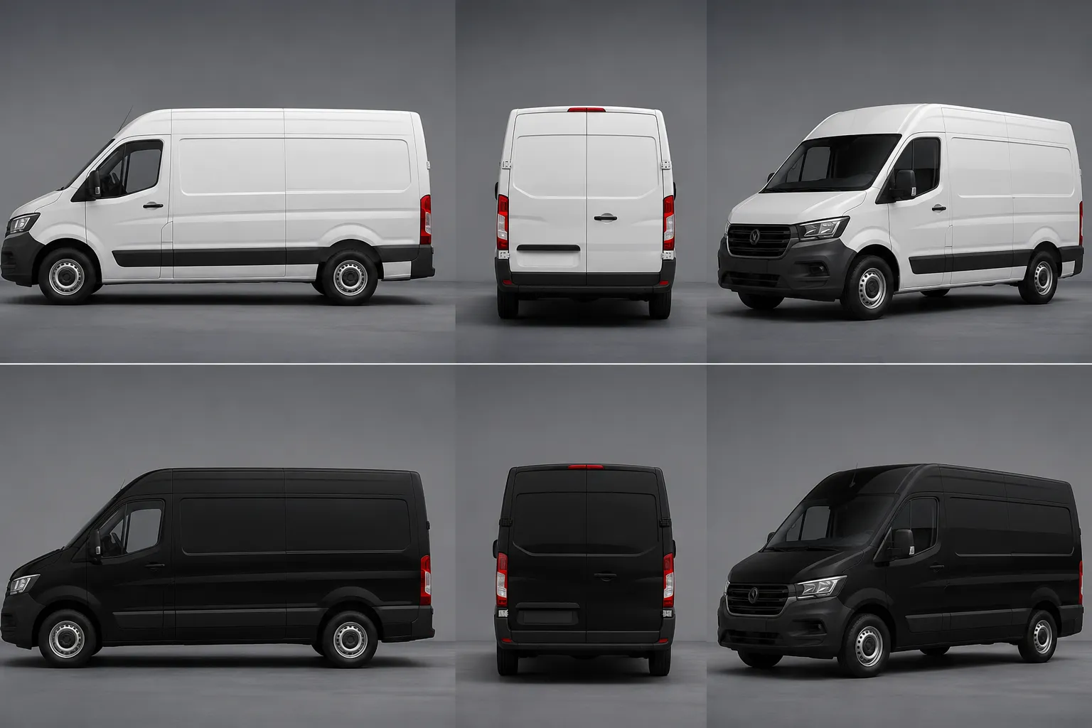 Fleet approval mockup review sheet comparing black and white vehicle colorways across profile, rear, and three-quarter views