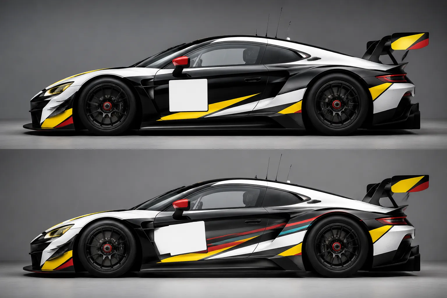 Matched side-profile race car colorway concepts with consistent camera position and lighting