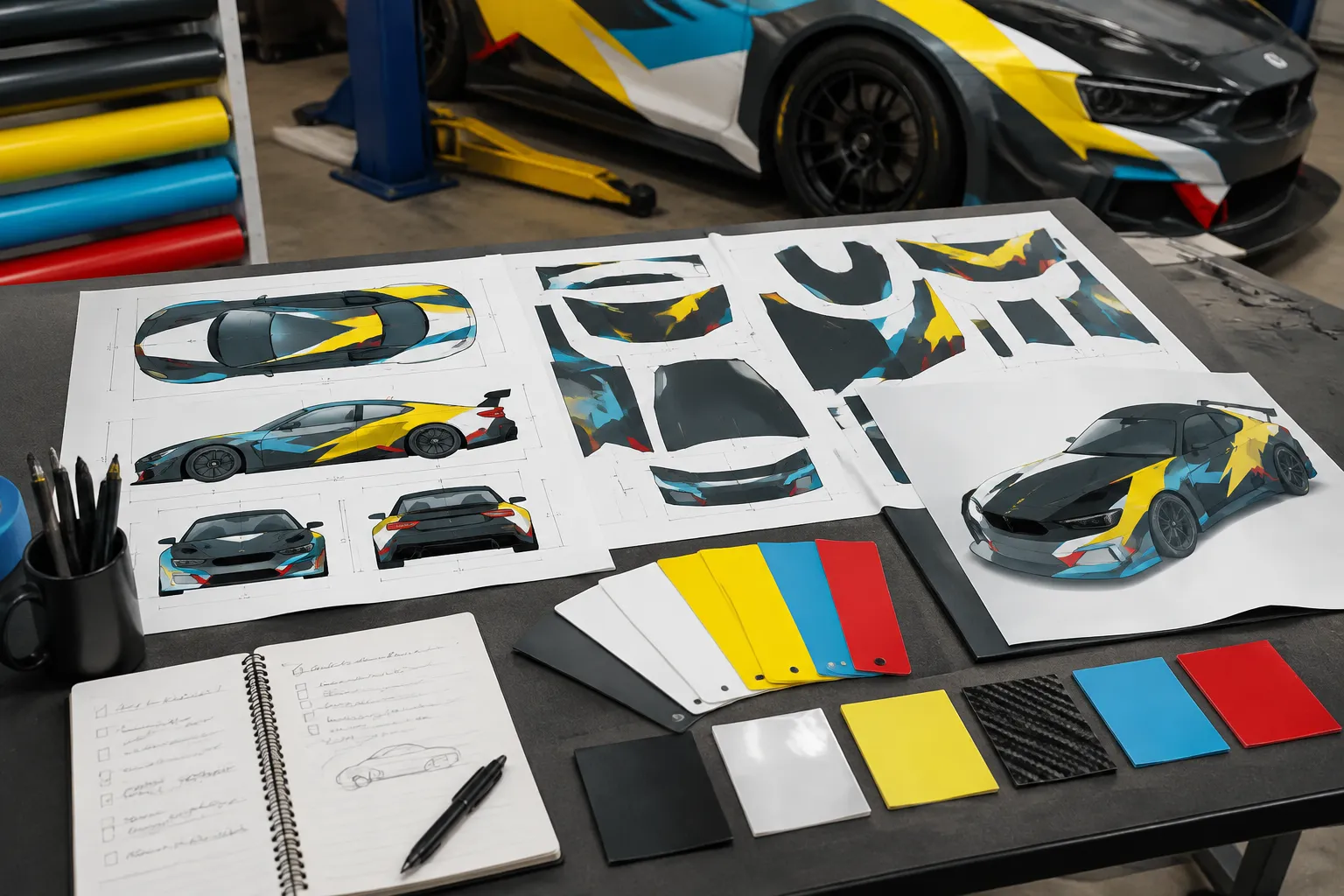 Production handoff desk with vehicle measurements panel templates logo files and review notes