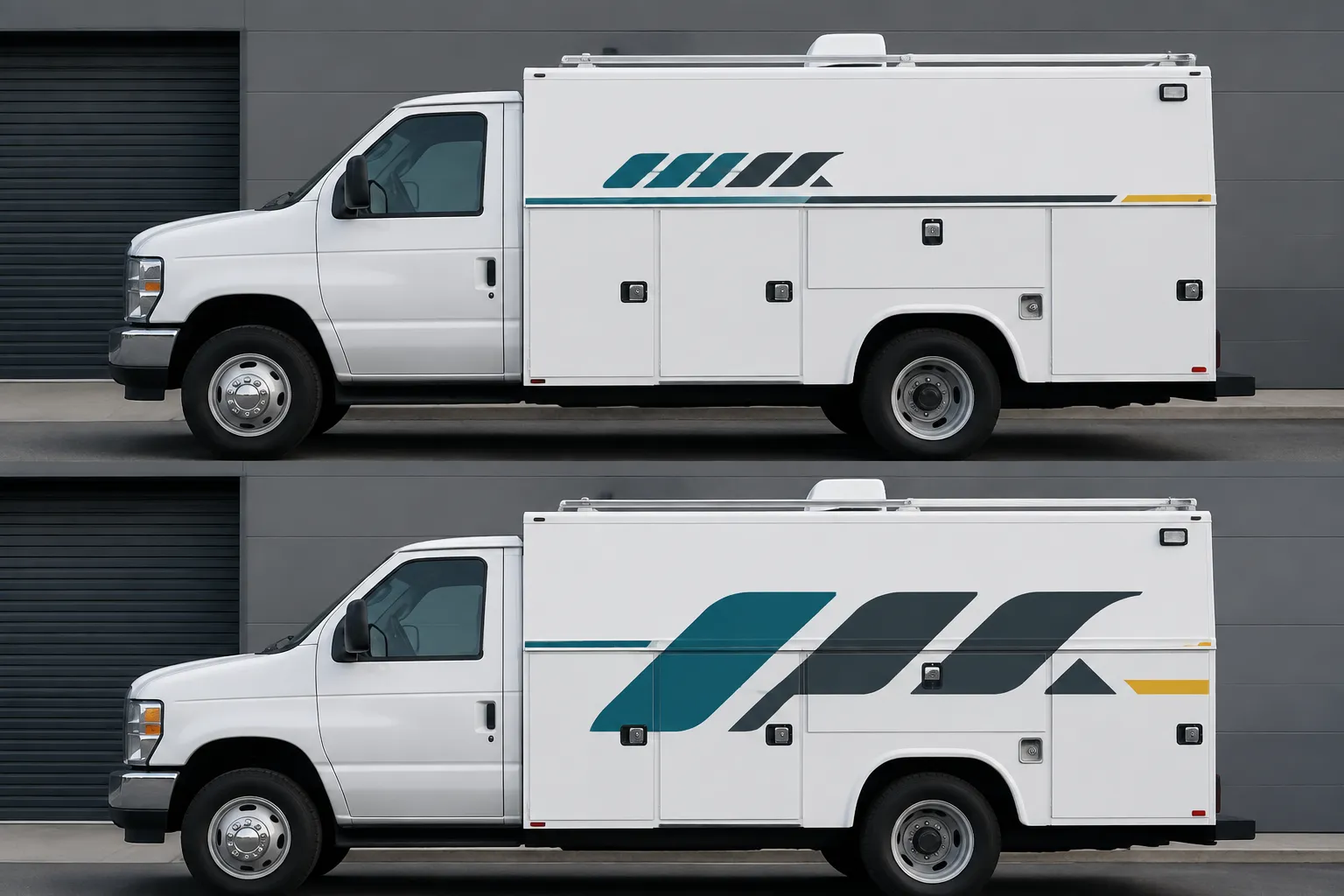 Hypothetical service vehicle comparison showing a continuous smaller wordmark and a larger interrupted wordmark
