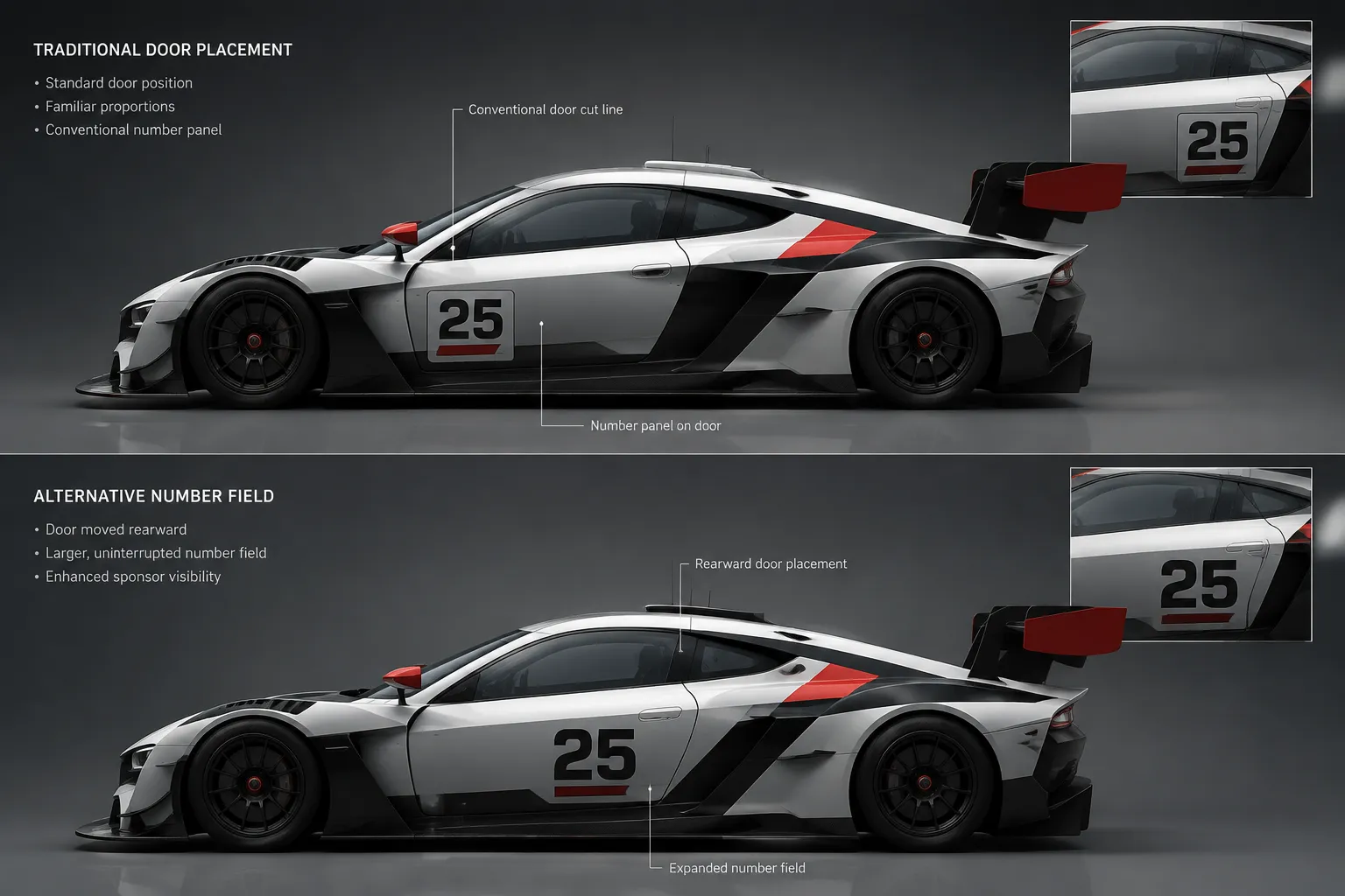 Side-oriented race car concept view for competition number comparison