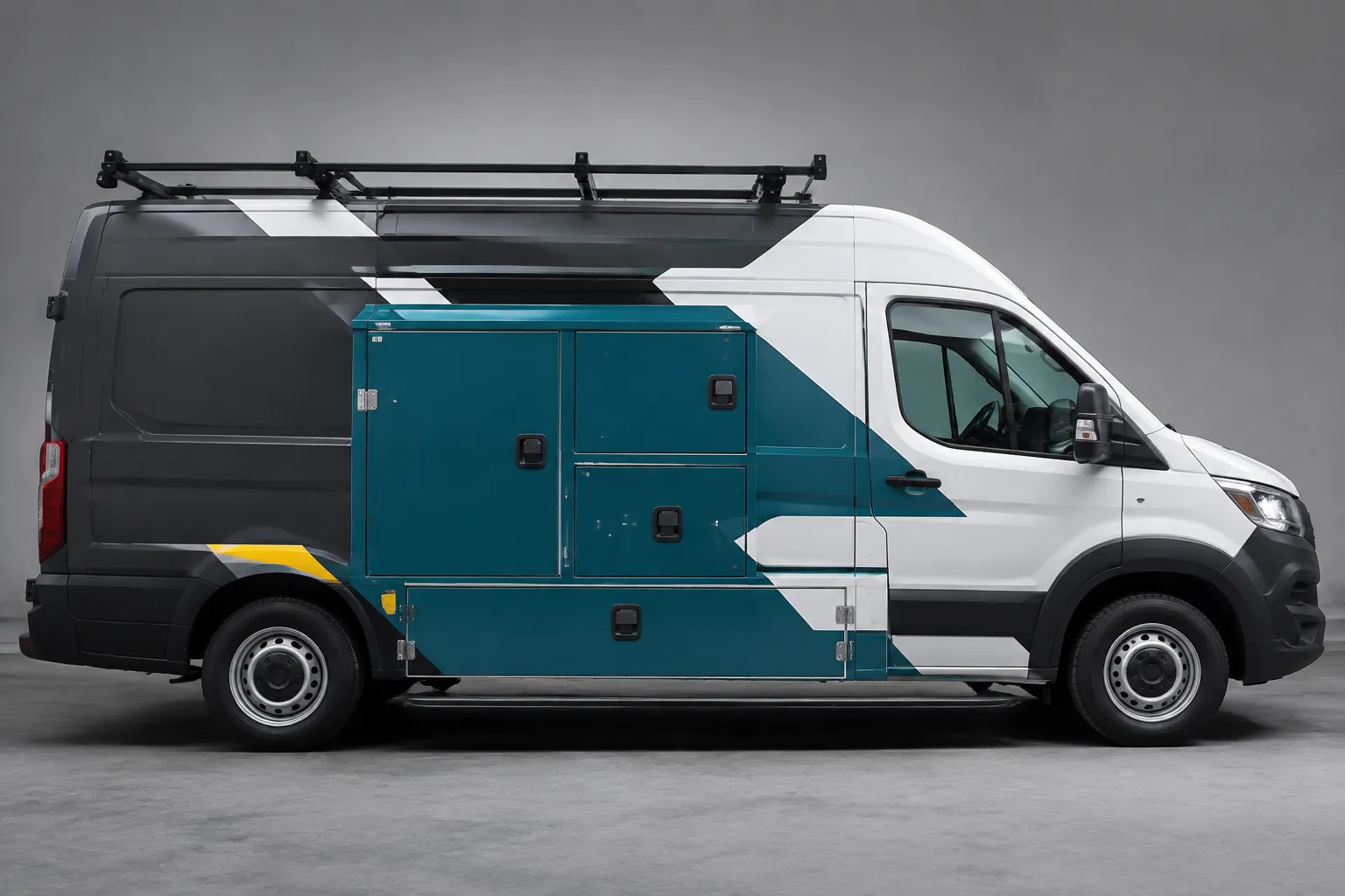 Configured service vehicle profile with compartments, panel breaks, access points, and interrupted logo area
