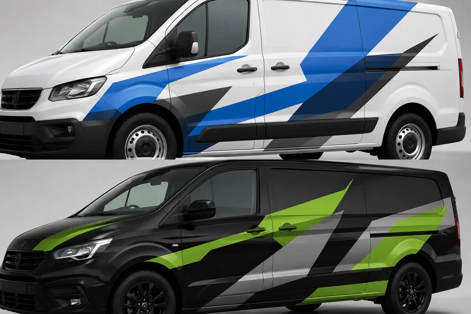 Vehicle-specific fleet graphic mockup highlighting door seams, wheel arches, glass lines, and panel breaks