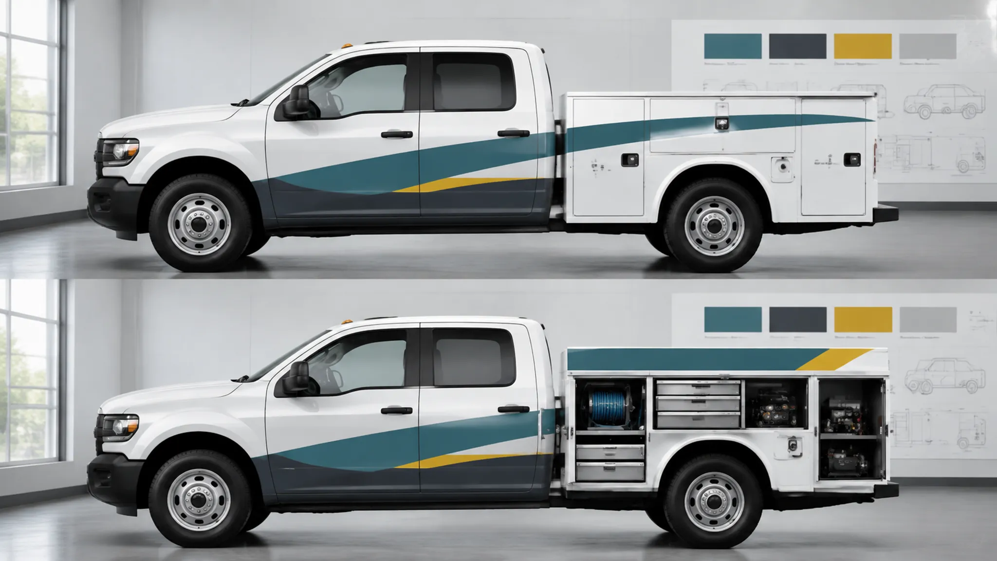 Matched fleet vehicle graphics concepts showing standard treatment and an equipment-driven substitution