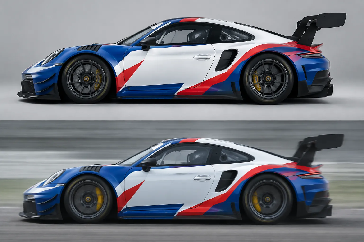 Racing livery shown in a matched static and simulated-motion comparison view
