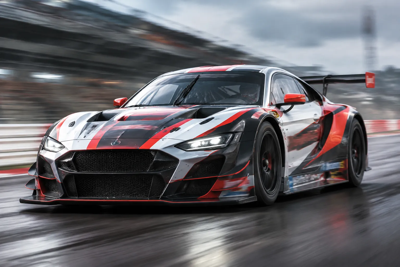 Simulated-motion racing livery with color blocks and graphic hierarchy under review